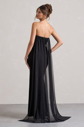Black Strapless Wrap Cape Maxi Dress With Corsage